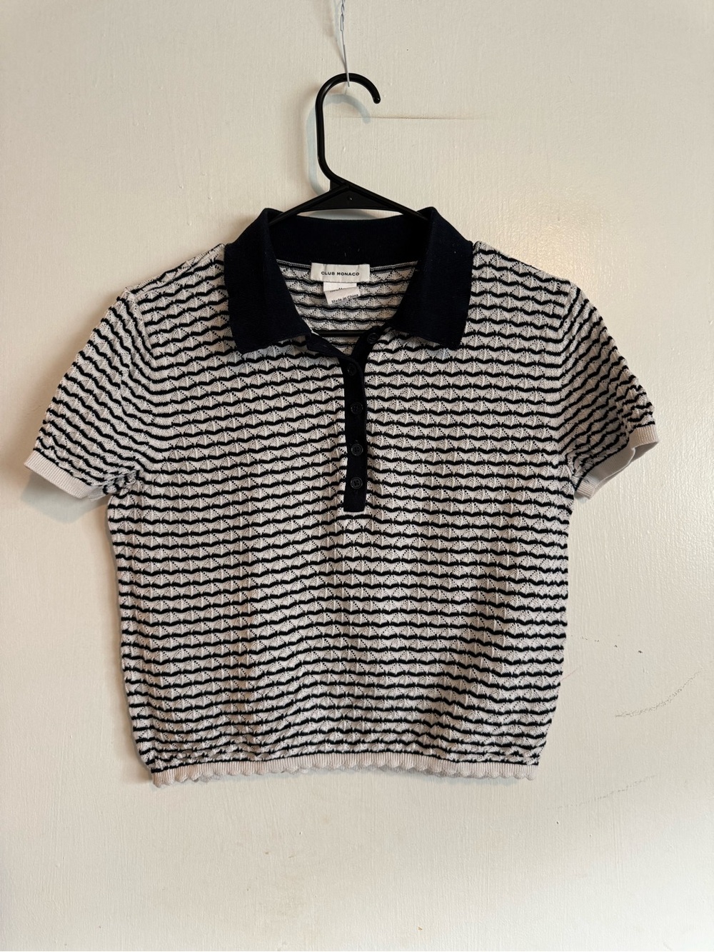 Club Monaco navy blue and white striped diamond knit cropped sweater polo top